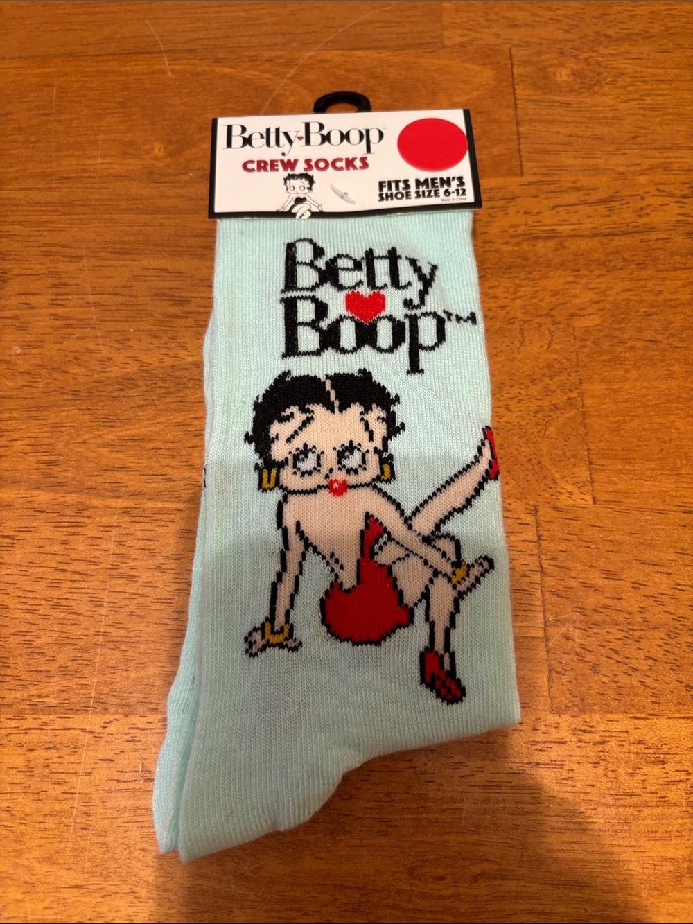 Betty Boop Light Blue Crew Socks Men 6-12 with Red and Black Graphic